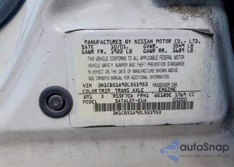 2002 Nissan Sentra Gxe from USA, damaged, VIN 3N1CB51A92L551953